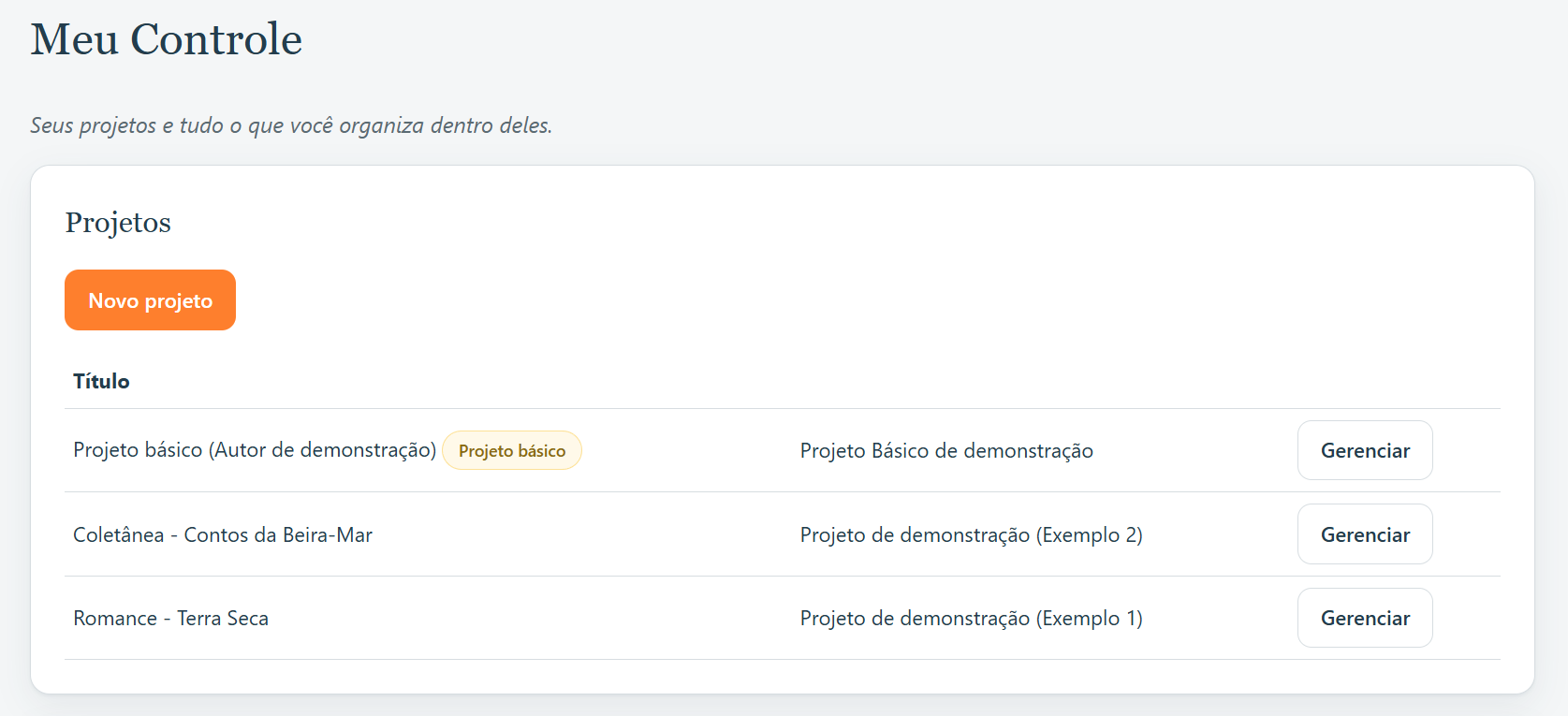 Tela Meu Controle com a lista de Projetos